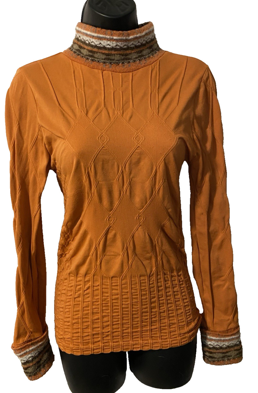 Jane Blue Orange Nylon Turtleneck Top S/M Knit Fair Isle Neckline & Sleeve Cuffs